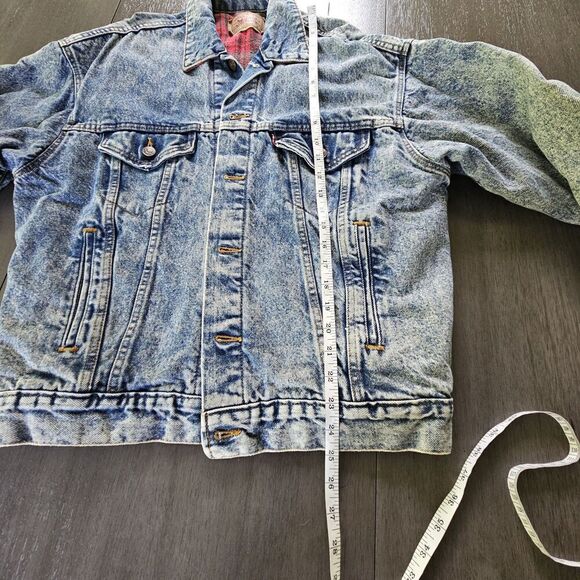 Vtg Levis 70417 9319 Blue Acid Wash Trucker Jacket Buffalo Plaid Lined Size M - Picture 6 of 14